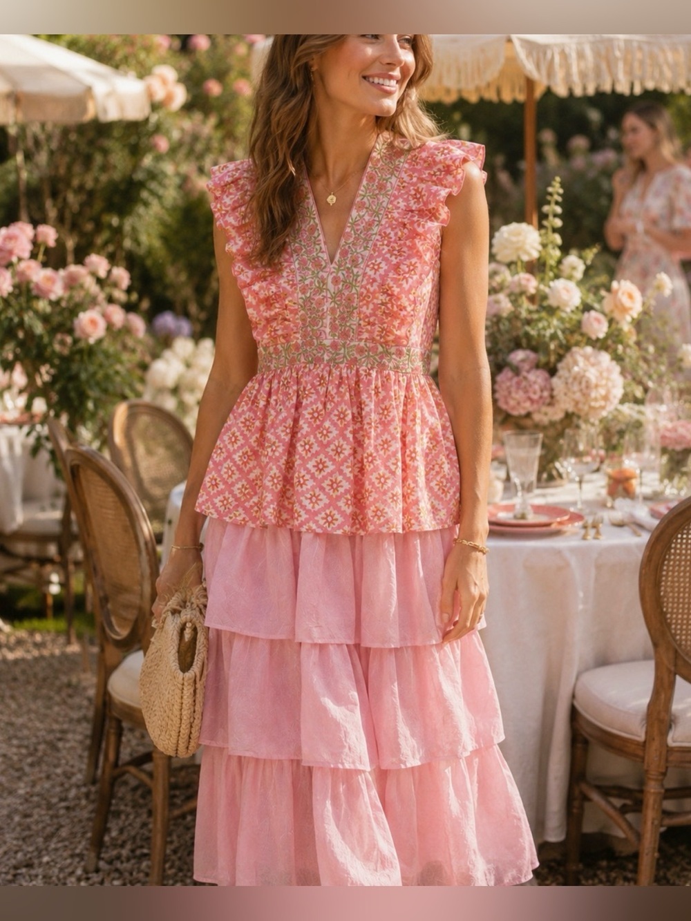 NWT MAREA THE FIESTA MIDI pink tiered fairycore cotton ruffle embroidered dress